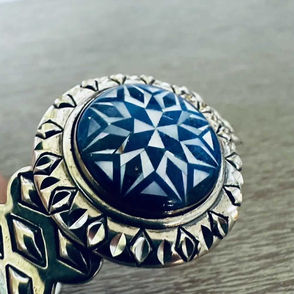 Vintage Sterling Silver Blue Star Medallion Cuff Bracelet